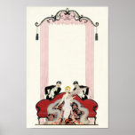 Elegant Lady in Paris Art Deco Poster<br><div class="desc">Elegant Lady in Paris. Art deco illustration from 1924. French illustrator Georges Barbier completed dozens of beautiful illustrations depicting the roaring twenties in France. Elegant Lady in Paris features a young blonde woman sitting on a couch as two suitors in tuxedos flirt with her. The woman wears a pink gown...</div>