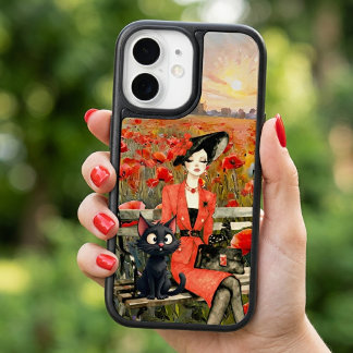 Elegant Lady in Poppy Field with Black Cat iPhone 17 Case
