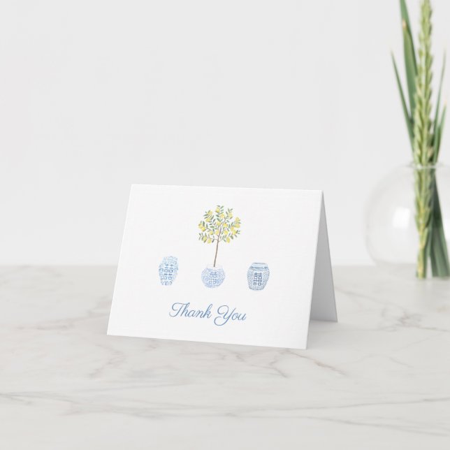Elegant Lady Lemon Tree Blue White Personalized Thank You Card (Front)