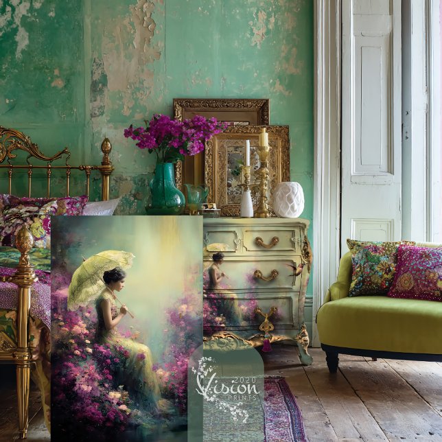 Elegant Lady & Parasol sitting, Ethereal Floral  Tissue Paper (Elegant Woman and a Parasol, Vibrant, Ethereal Floral, Portrait Art Decoupage Tissue Paper.)