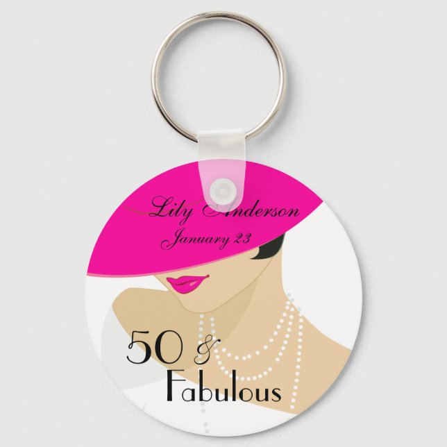 Elegant lady retro 50 & Fabulous hot pink pearls Keychain (Front)