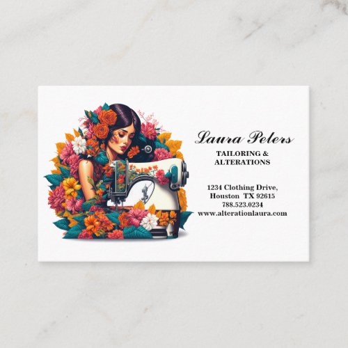 Elegant Lady Sewing Machine Tropical Flowers Business Card