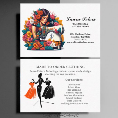 Elegant Lady Sewing Machine Tropical Flowers Business Card