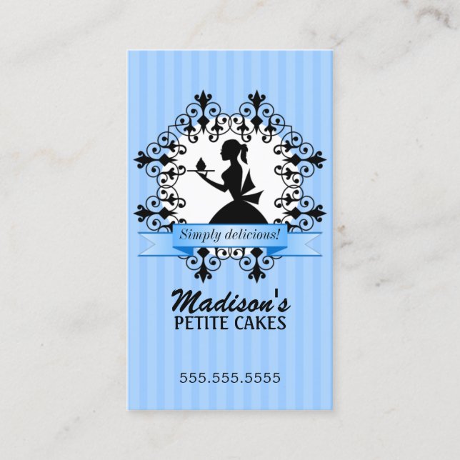 Elegant Lady Silhouette Cupcake Blue Business Card (Front)