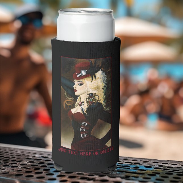 Elegant Lady Steampunk Victorian Red Clockwork Seltzer Can Cooler (Creator Uploaded)