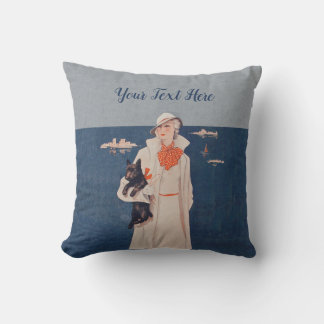 Elegant Lady White Suit Holding Scotty Dog Ocean Outdoor Pillow