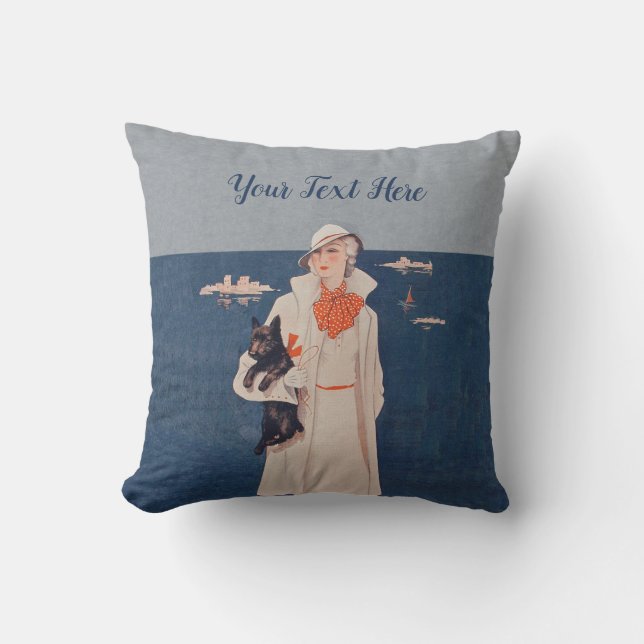 Elegant Lady White Suit Holding Scotty Dog Ocean Outdoor Pillow (Front)