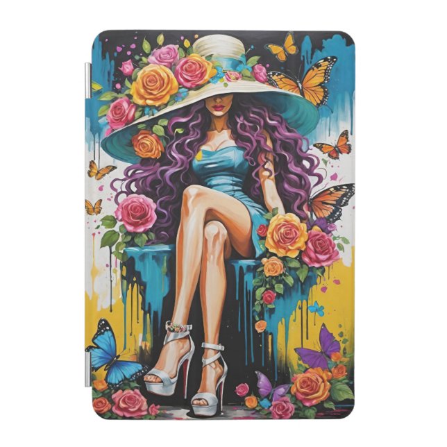 Elegant Lady with Big Hat, Roses & Butterflies iPad Mini Cover (Front)