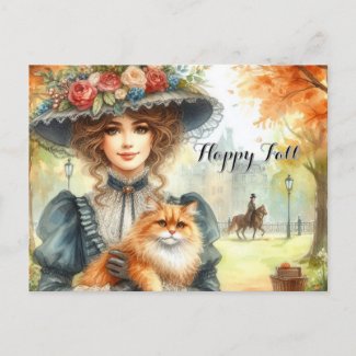 Elegant Lady with Cat Happy Fall  Postcard