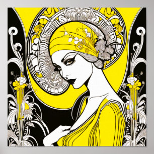 Elegant Lady Yellow & Black Art Nouveau  Poster