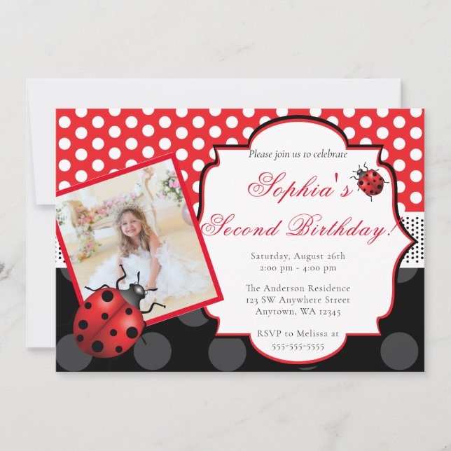 Elegant Ladybug Polka dot Birthday Invitation (Front)