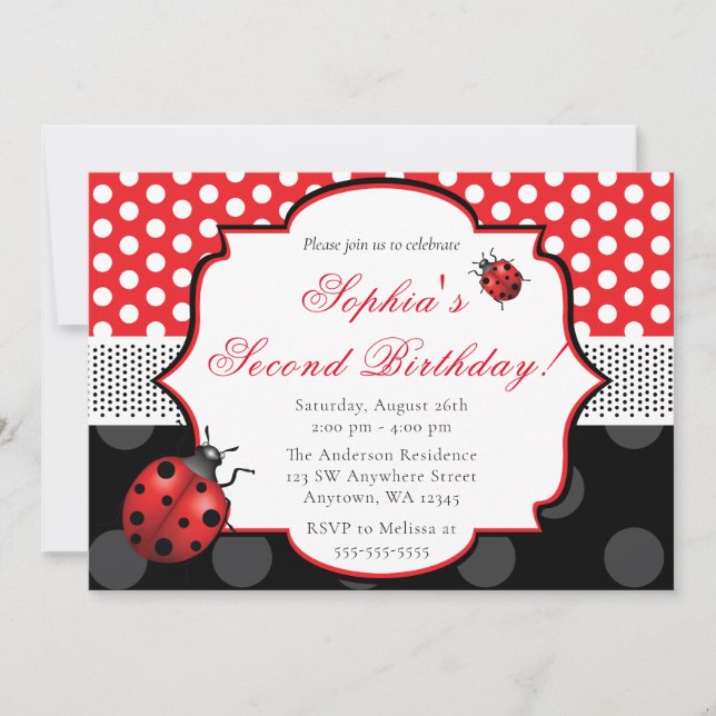 Elegant Ladybug Polka dot Birthday Invitation (Front)