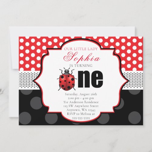 Elegant Ladybug Polka dot First Birthday Invitation