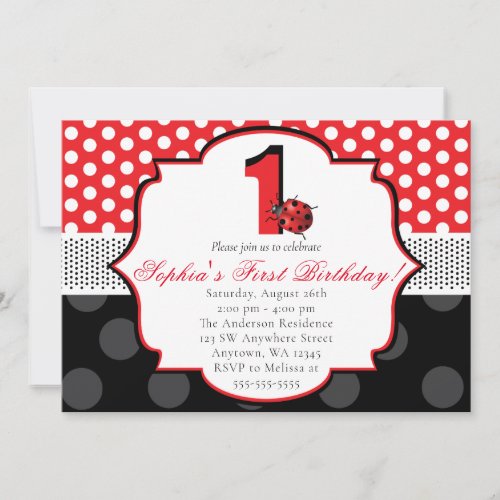 Elegant Ladybug Polka dot First Birthday Invitation