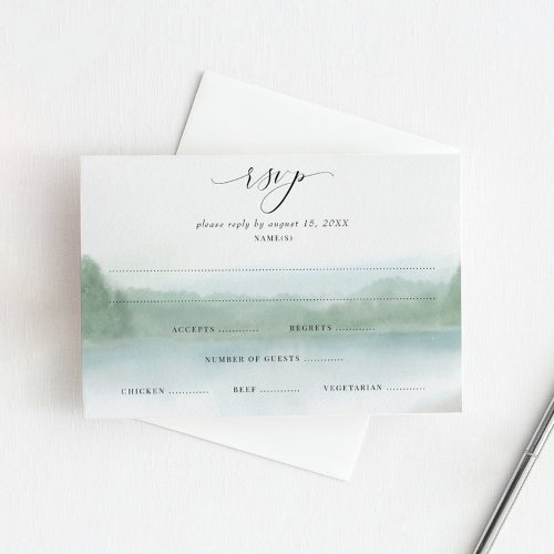 Elegant Lake and Trees Soft Watercolor Wedding RS RSVP Card