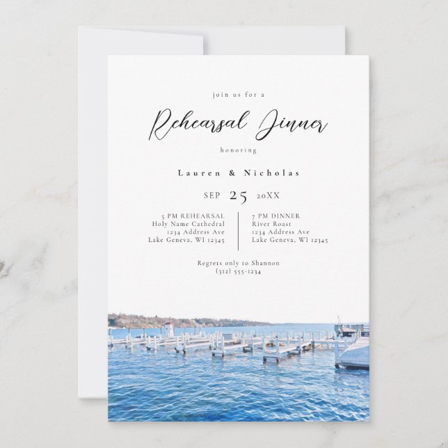 Elegant Lake Geneva Wisconsin Rehearsal Dinner Invitation (Front)
