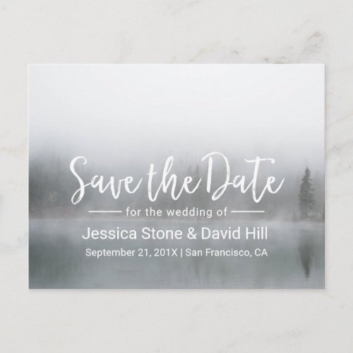 Elegant Lake Misty Forest Wedding Save the Date Announcement Postcard