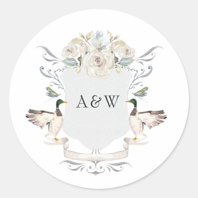 Elegant Lake Wedding Mallard Crest Monogram Classic Round Sticker (Front)