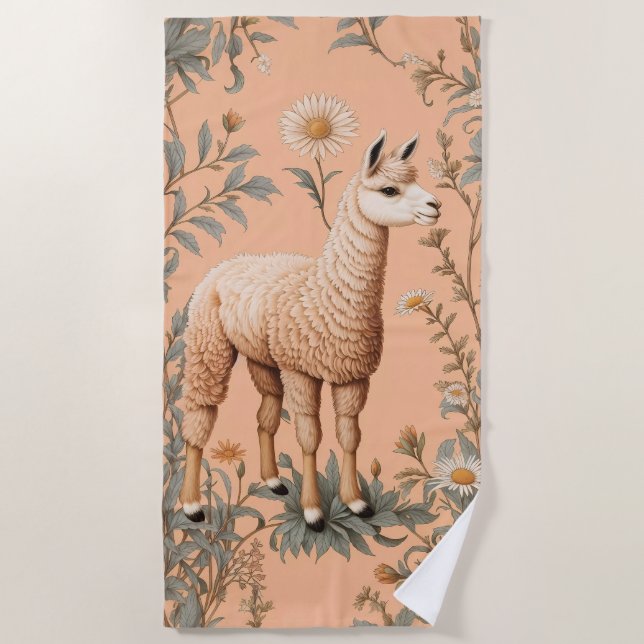 Elegant Lama and Daisy Flowers On Peach Beach Towel (Front)