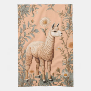 Elegant Lama and Daisy Flowers On Peach Kitchen Towel