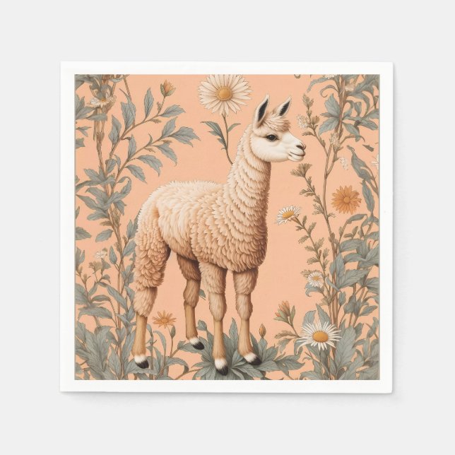 Elegant Lama and Daisy Flowers On Peach Napkins (Front)