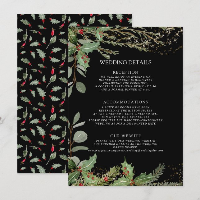 Elegant Lantern Winter Black Red Holly Details Invitation (Front/Back)