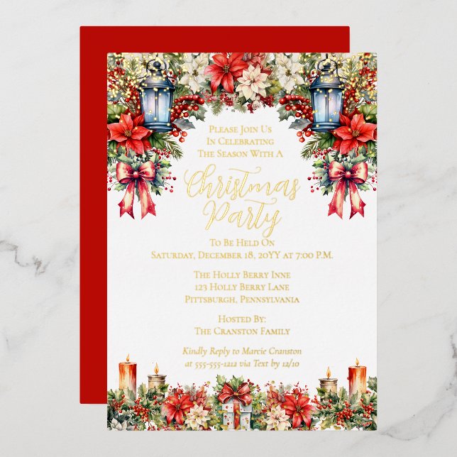 Elegant Lanterns | Candles Floral Christmas Party Foil Holiday Card (Front/Back)