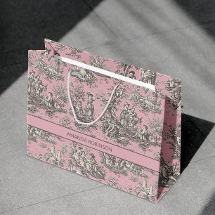 Elegant Large Black Pink Vintage Toile de Jouy Gift Bag