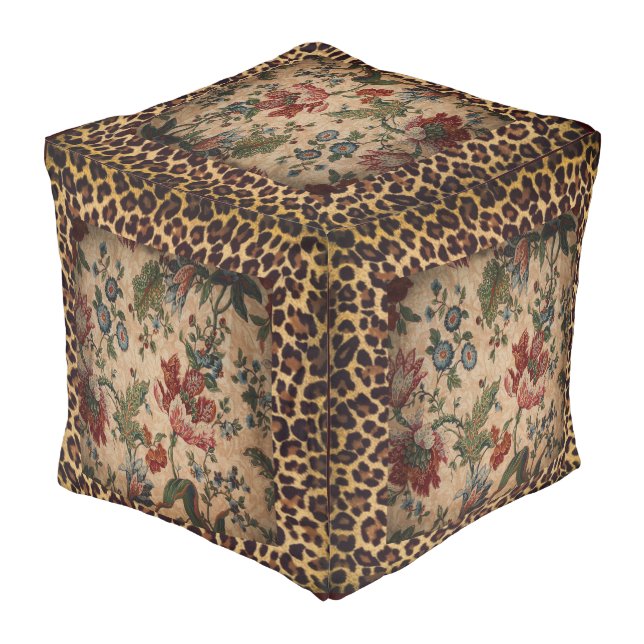 Elegant Large Cube Floor Cushion Leopard & Floral (Angled Back)