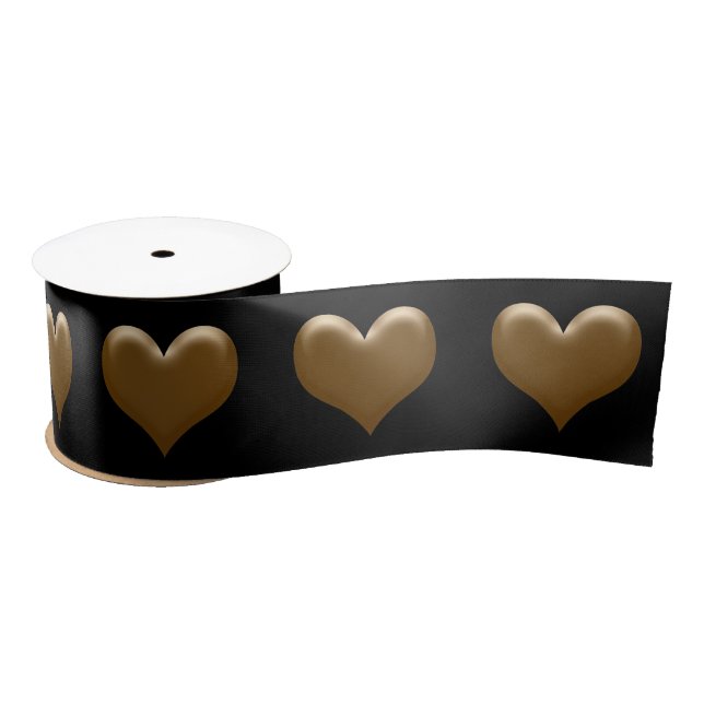 Elegant Large Heart of Gold Brushed Gold Black Satin Ribbon (Spool)