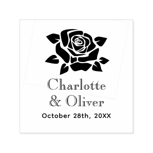 Elegant Large Rose Bloom 3 Couple Names Date Self_inking Stamp