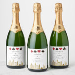 Elegant Las Vegas Photo Destination Wedding   Sparkling Wine Label<br><div class="desc">Modern,  elegant Las Vegas Destination Wedding Bottle Labels. Design features Las Vegas City Skyline In gold,  clubs ,  diamonds ,  hearts and spades icons in gold elegant frame and details in trendy lettering on the front.</div>