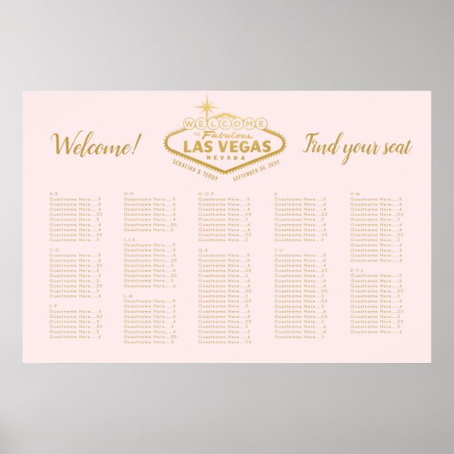 Elegant Las Vegas Wedding Pink Gold Seating Chart (Front)