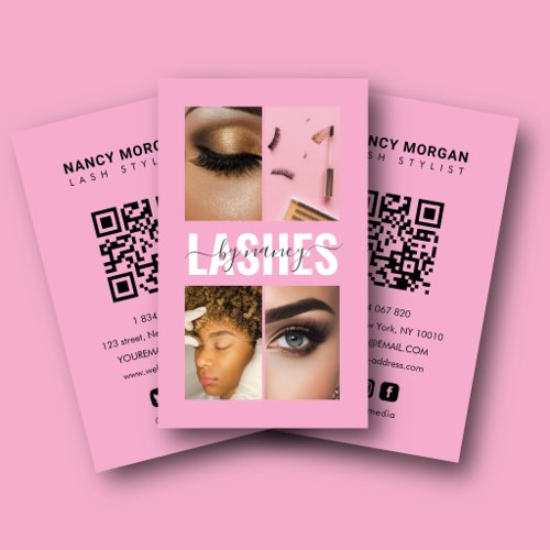 Elegant Lash Tech Photo Collage Qr Code Pink Business Card