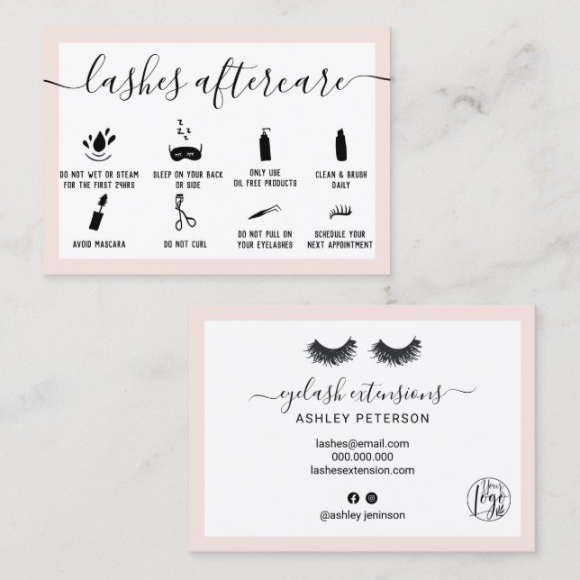 Elegant lashes aftercare blush pink illustrations business card (Front/Back)
