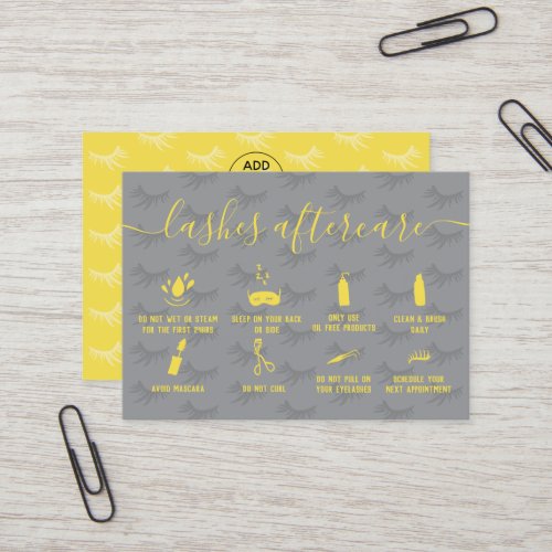 Elegant lashes aftercare gray yellow illustrations business card