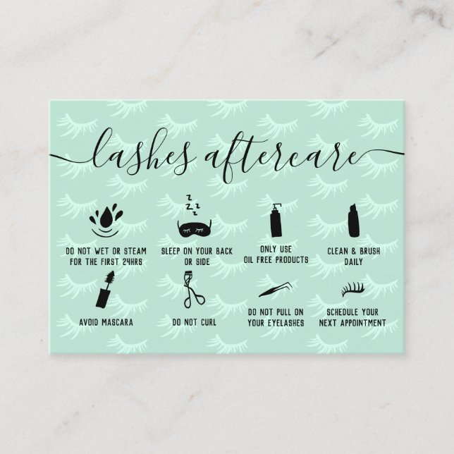 Elegant lashes aftercare mint green illustrations business card (Front)