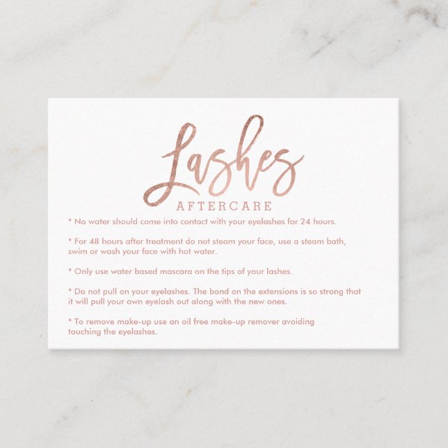 Elegant lashes aftercare rose gold simple white business card (Front)