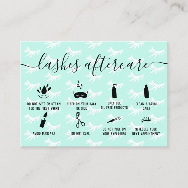 Elegant lashes aftercare teal blue illustrations business card (Front)