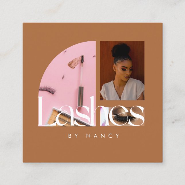 Elegant Lashes Photo Collage Terracotta  Square Business Card (Front)