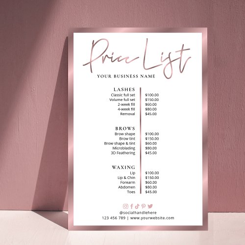 Elegant Lashes Salon Rose Gold Price List Poster