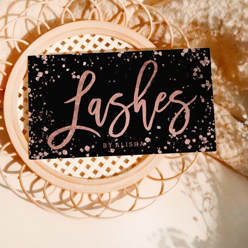 Elegant lashes script rose gold confetti splatters business card