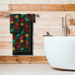 Elegant Latin American Folk Floral Black Bath Towel Set