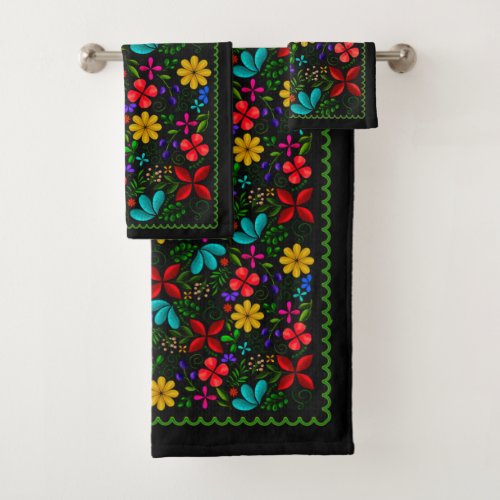 Elegant Latin American Folk Floral  Black Bath Towel Set
