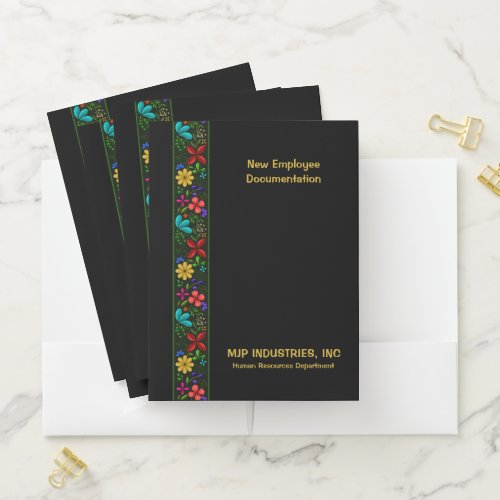 Elegant Latin American Folk Floral Black Business Pocket Folder