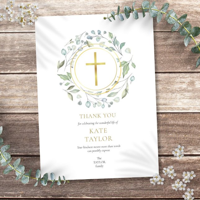 Elegant Laurel Garland Funeral Memorial Gold Cross Thank You Card (Elegant Laurel Garland Funeral Memorial Gold Cross Thank You Card)