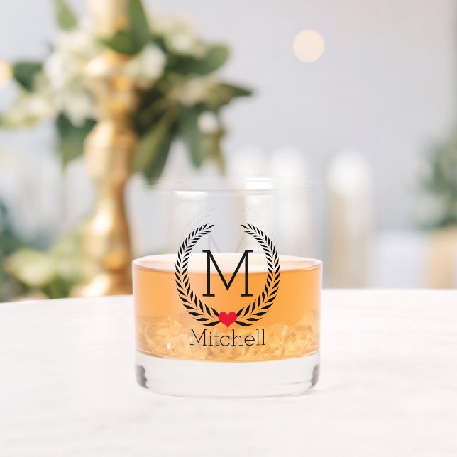 Elegant Laurel Heart Monogrammed Name Personalized Whiskey Glass (Insitu (Wedding))