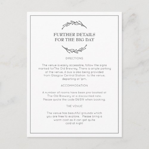 Elegant Laurel Leaf Wedding Information Postcard