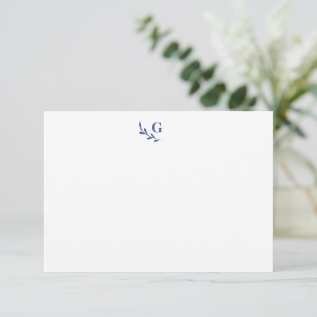 Elegant Laurel Monogram Blue Chic Flat Note Card (Standing Front)