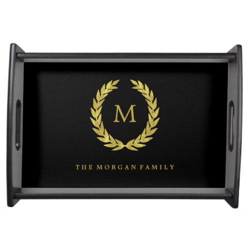 Elegant Laurel Wreath  Black and Faux Gold Look Serving Tray